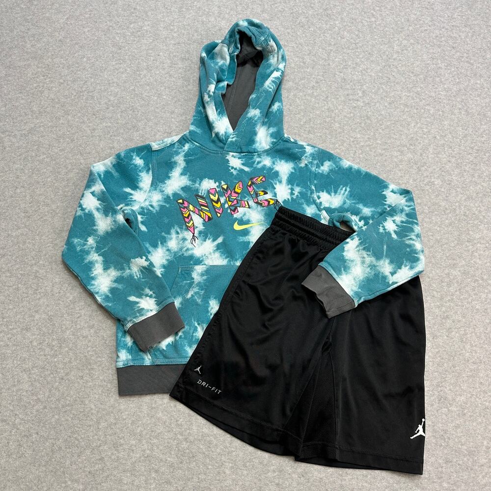 Nike Bundle Boys S Teal Neon Tie Dye Hoodie Black Athletic B-ball Shorts